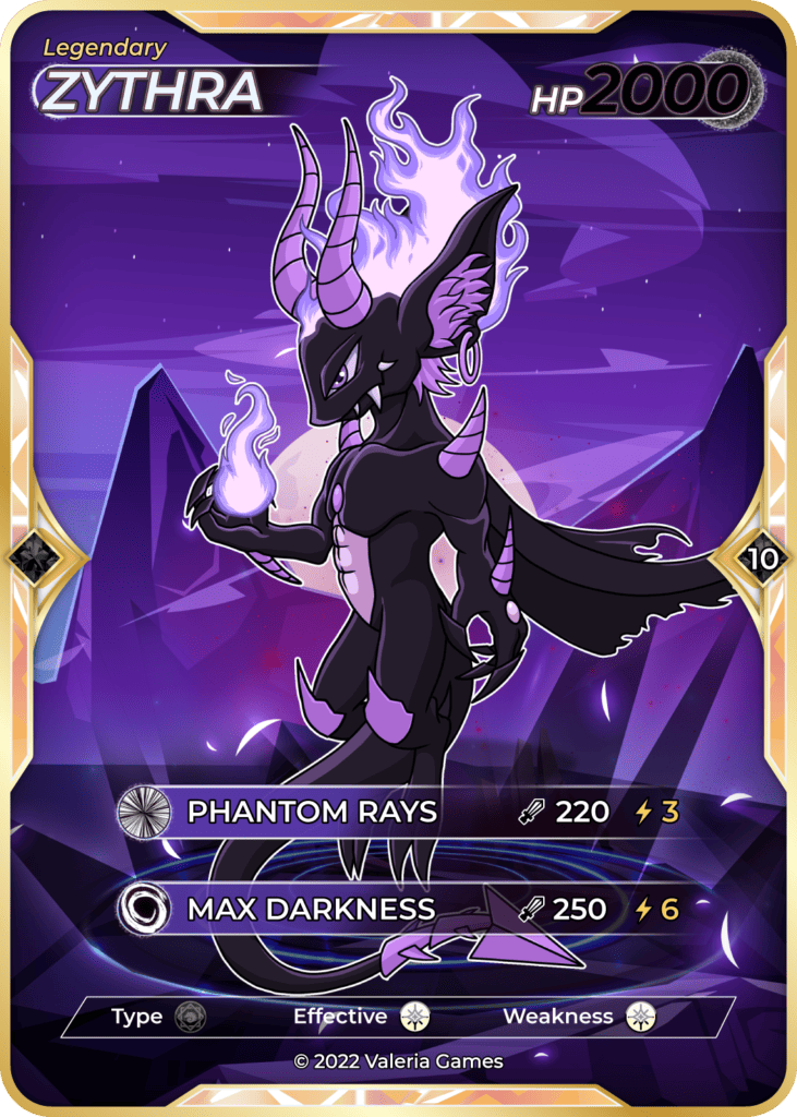 Zythra legendary valerian card with phantom rays and max darkness attack moves.