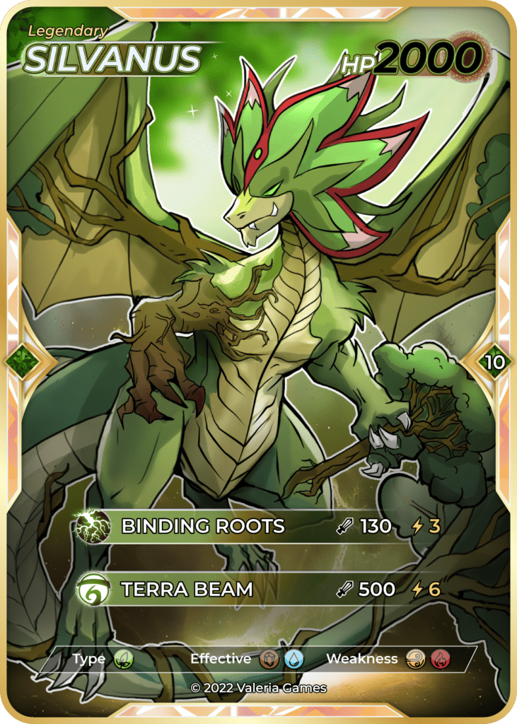 Silvanus legendary valerian card with binding roots and terra beam attack moves.