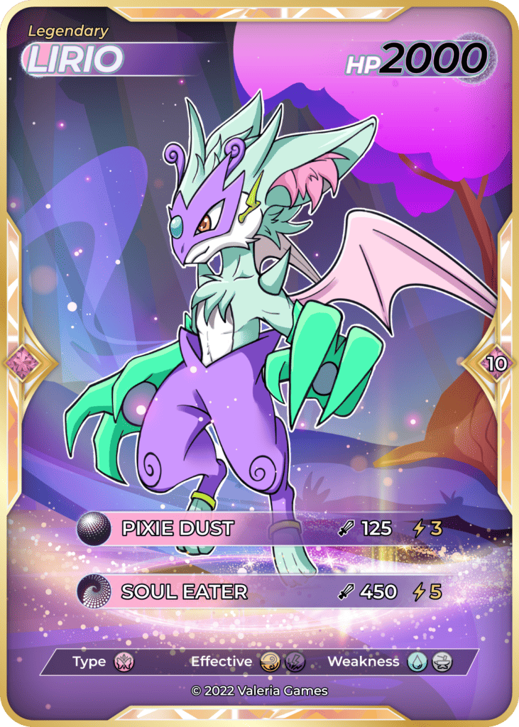 Lirio legendary valerian card with pixie dust and soul eater attack moves. 