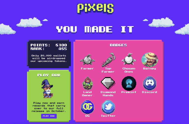 Pixels in-game rewards and points system with XP for players playing this play to earn game